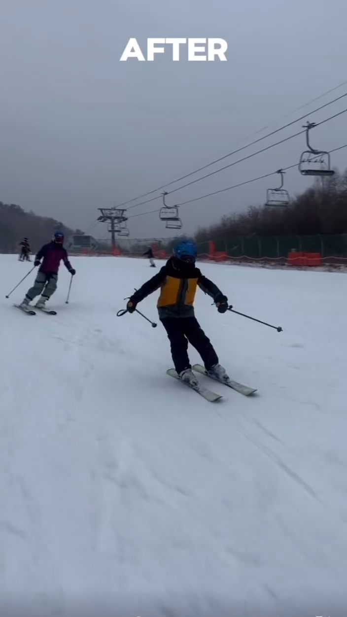 Beginner ski lesson AFTER scene with a student practicing balance and linked turns while an instructor follows