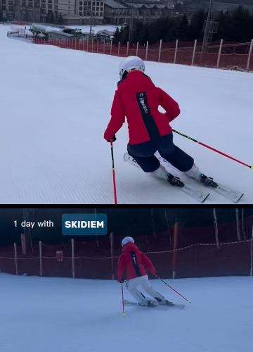 Day 1 and Day 4 ski training comparison showing changes in posture, timing, turn shape, and movement consistency