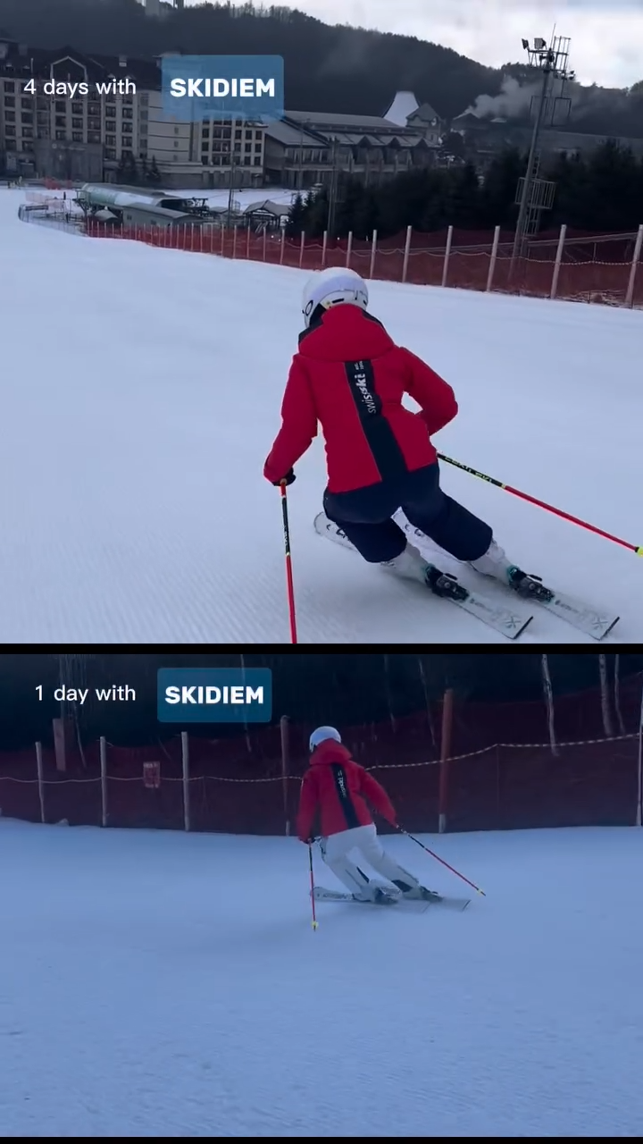 Day 1 and Day 4 ski training comparison showing changes in posture, timing, turn shape, and movement consistency